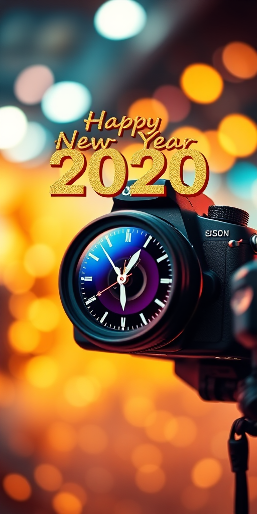 Create a vibrant and festive New Year graphic featuring the text "Happy New Year 2020" in gold, with a clock striking midnight, using a DSLR camera set to f/2.8 aperture, 24mm lens, ISO 100, 1/60s shutter speed, viewed from an eye-level angle in a bokeh style background with warm colors.