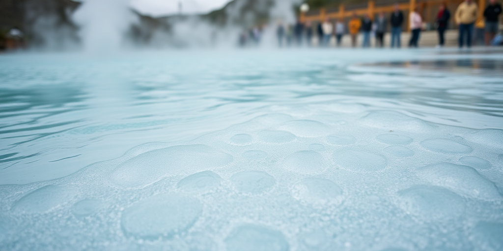 Capture a close-up shot of a geothermal hot spring with vibrant turquoise water bubbling, surrounded by steam and tourists in the background, using a Canon EOS 5D Mark IV with a 50mm f/1.8 lens, aperture at f/4, ISO 200, shutter speed of 1/250s, shot from a low angle to emphasize the water's texture and the steam effects.