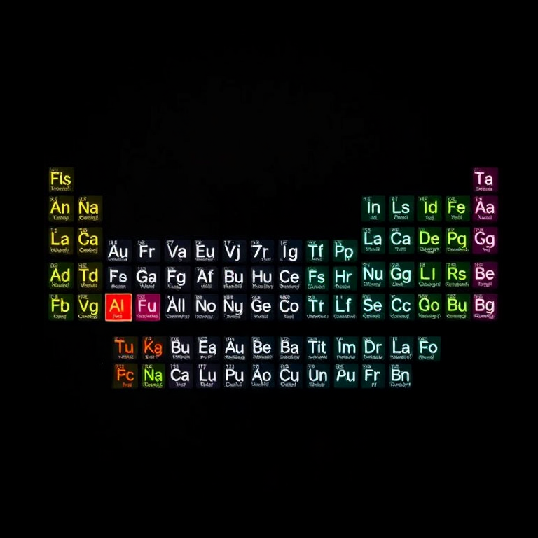 Create a high-resolution image of the periodic table of elements with a black background, using a DSLR camera at f/4, ISO 100, 1/60s shutter speed, 50mm lens, top-down view, and softbox lighting for enhanced clarity and vibrancy.