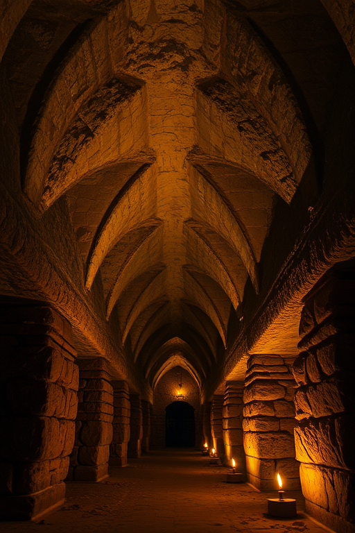 interior of an ancient stone crypt with arched ceilings and dim lighting, capturing the textures of the stone and the warm glow from torches, taken with a Canon EOS R, 24mm f/1.4 lens, ISO 800, shutter speed 1/60s, low angle view, enhanced HDR style