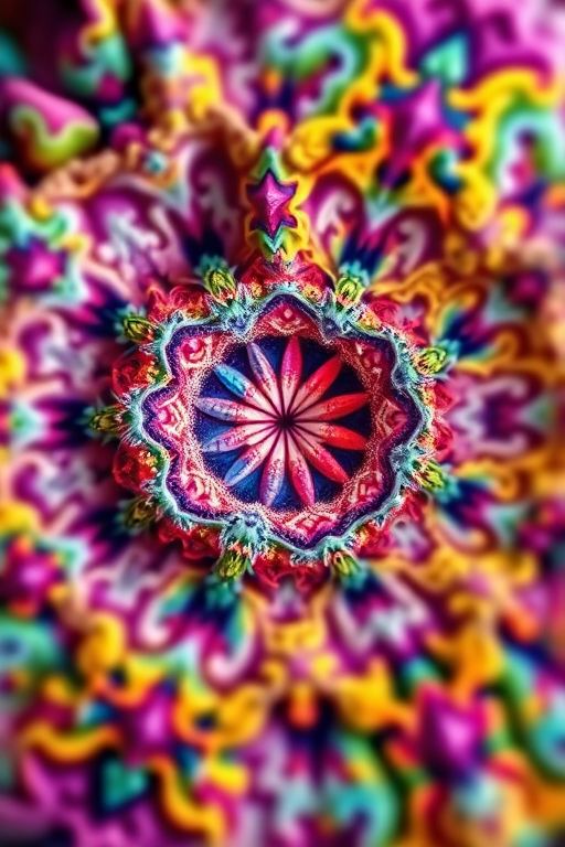 Create a highly detailed fractal image featuring intricate patterns and vibrant colors, shot with a Nikon D850 at f/8, ISO 100, 1/125s, using a macro lens with a 50mm focal length, emphasizing depth and texture in a close-up view.