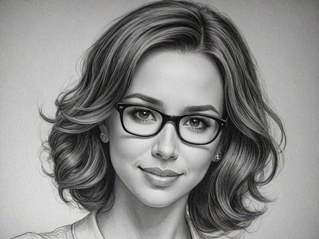 Splendid Lacey Chabert, pencil sketch, portrait of Lovely woman 1927s in glasses, hair style beatnik, outline, clear lines, fine lines, 8k