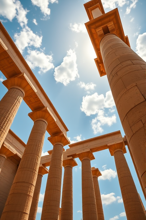 ancient Egyptian temple columns from a low angle, bright sunny day with scattered clouds, 24mm lens, f/8, ISO 100, polarizer filter, HDR photography, digital DSLR camera