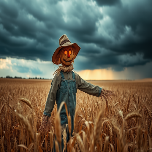 Create a high-resolution image of a scarecrow with glowing eyes standing in a golden wheat field under a stormy sky, captured with a Canon EOS R5, 50mm f/1.8 lens, aperture set to f/2.8, ISO 200, and a dynamic range to enhance contrast and color vibrancy.