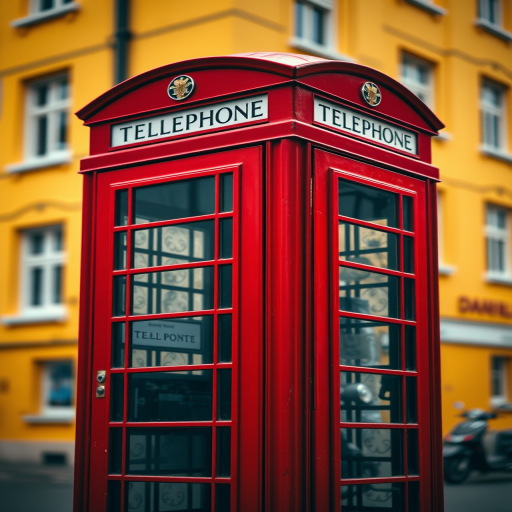Capture a vibrant red telephone box in sharp focus against a softly blurred yellow building background, using a DSLR camera with a 50mm lens set to f/1.8, ISO 100, shutter speed 1/200s, and a slight vignette effect to enhance the image quality.