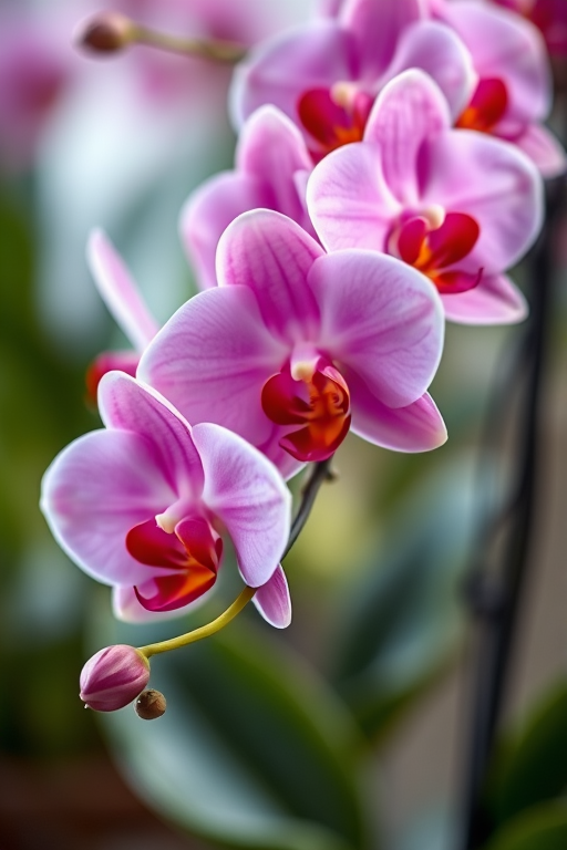 Create a high-resolution image of a cluster of pink orchids with vibrant colors and soft lighting, using a macro lens at f/2.8 aperture, 1/60s shutter speed, and ISO 100, positioned at eye level with a shallow depth of field to enhance detail and create a blurred background.