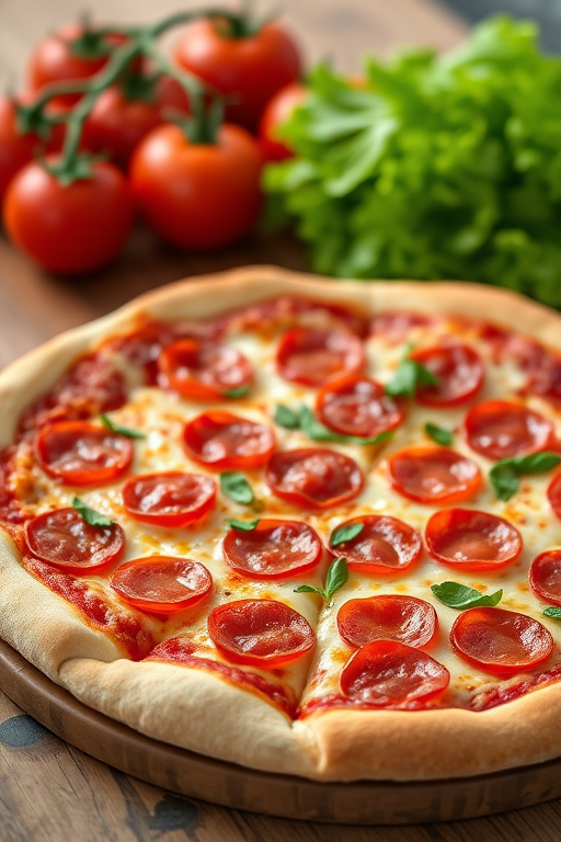 A freshly baked pepperoni pizza on a wooden table, with fresh tomatoes and lettuce in the background, taken with a Canon EOS R5, 50mm lens, f/2.8 aperture, ISO 200, and natural lighting for enhanced color vibrancy.