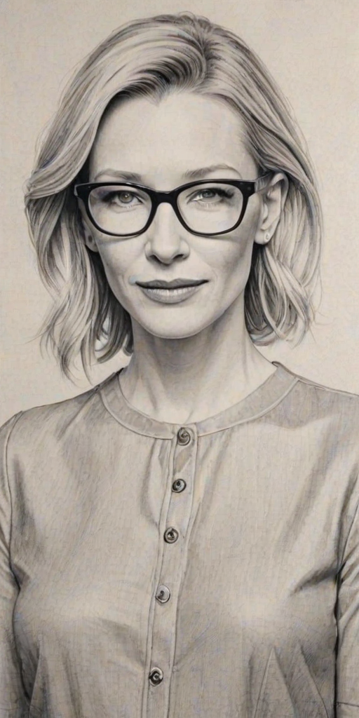 Beautiful Cate Blanchett, pencil sketch, portrait of beautiful woman 60s in glasses, hair style beatnik, outline, clear lines, fine lines, 8k