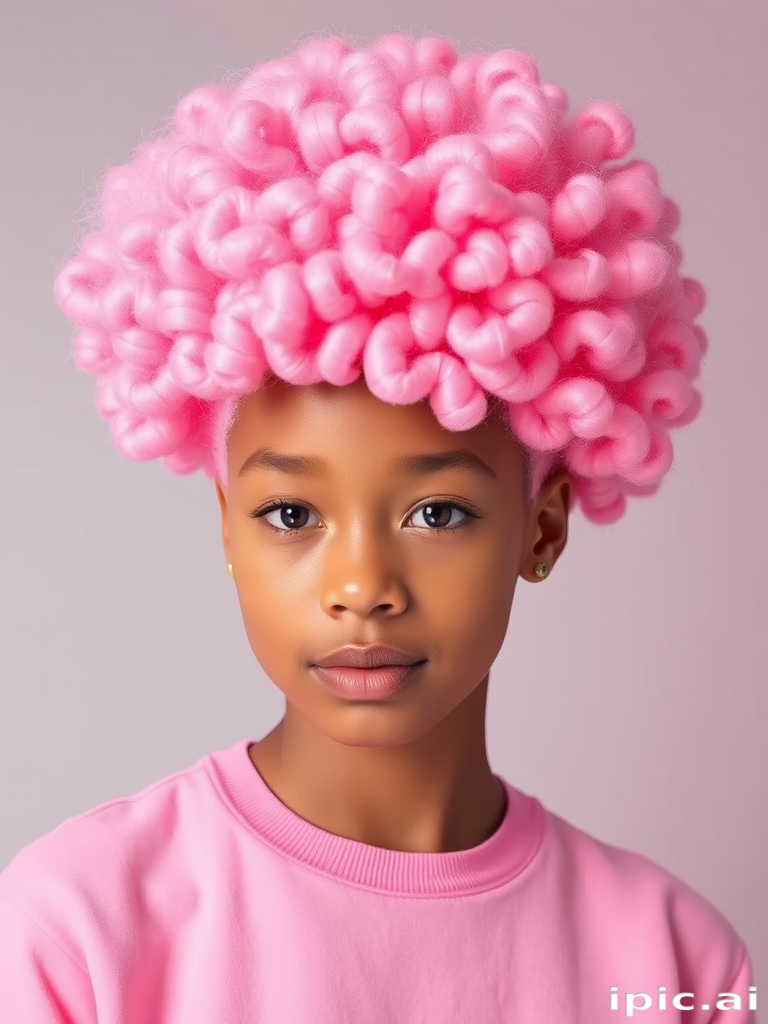 Playful bubblegum pink afro named "Cotton Candy Cloud" shaped into a perfect sphere, showcasing springy coils and a gradient effect fading to pastel pink edges