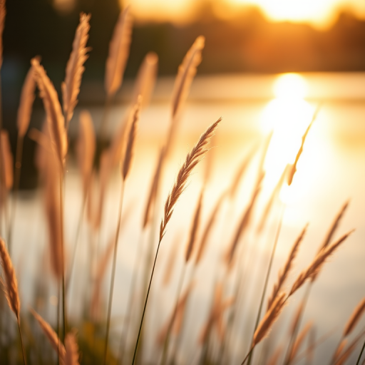 Regenerate an image of tall grasses by a calm water body during golden hour, focus on the delicate texture of the grass with shallow depth of field, use a DSLR camera with a 50mm f/1.8 lens, aperture set to f/2.8, ISO 100, shutter speed 1/200s, and ensure a soft bokeh effect in the background.