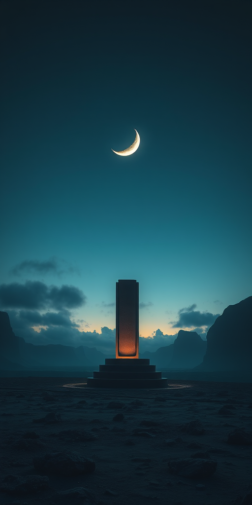 Create a futuristic scene featuring a pedestal in a dramatic landscape under a crescent moon, captured with a Canon EOS R5, 24mm lens, f/2.8 aperture, ISO 100, in low light conditions with a wide angle view for enhanced depth and clarity.
