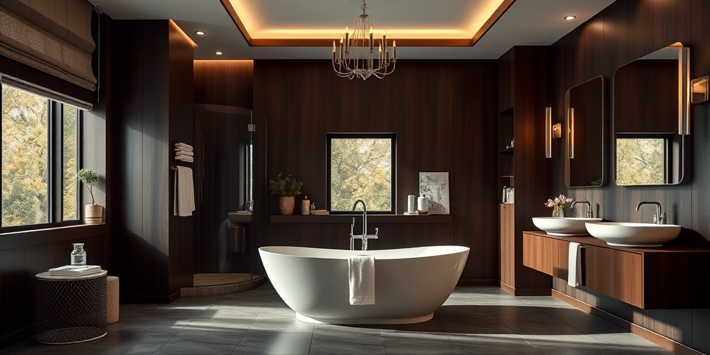 interior of a modern bathroom featuring a white freestanding bathtub, dark brown walls, elegant lighting, with a large mirror and stylish decor, taken with a DSLR camera, aperture f/2.8, shutter speed 1/60s, ISO 400, wide-angle lens 24mm, soft natural lighting, high resolution