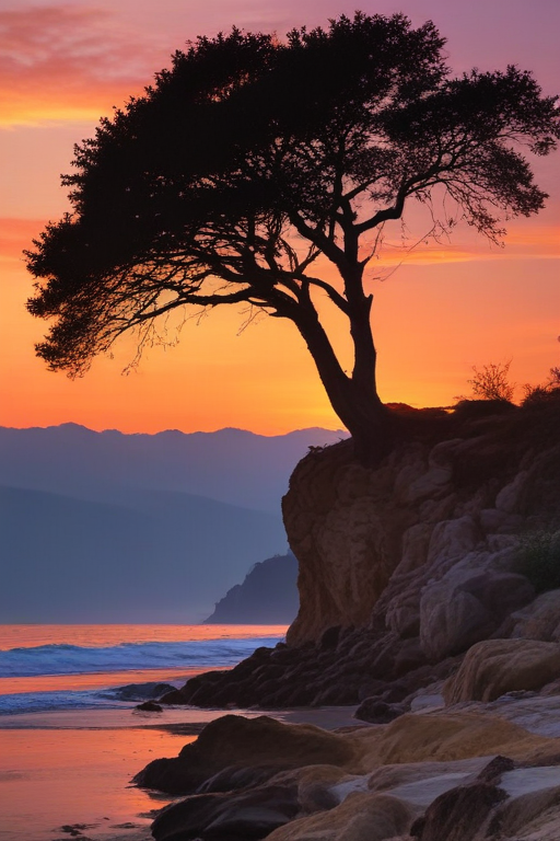 Majestic Silhouette of a Tree Against a Vibrant Sunset by the Ocean