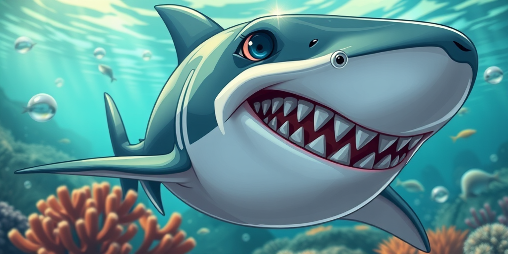 Create a detailed illustration of a cartoon shark with exaggerated features, showcasing sharp teeth and an expressive face in a vibrant underwater scene, using a Canon EOS R5 camera with a 50mm lens, aperture set at f/1.8, shutter speed of 1/200s, ISO 100, in high dynamic range style for enhanced color and detail.
