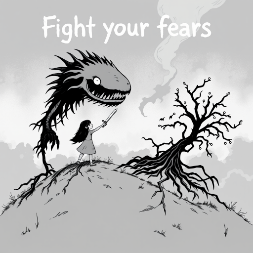 Fight your fears illustration of black and white minimalist of a little girl standing on a hill, raising a sword in hand, she is facing a large menacing creature with large head, sharp teeth and sharp claws, its body is made of vines and roots. The background is a cloudy sky with a hint of smoke or fog. The overall mood of the image is dark and eerie.