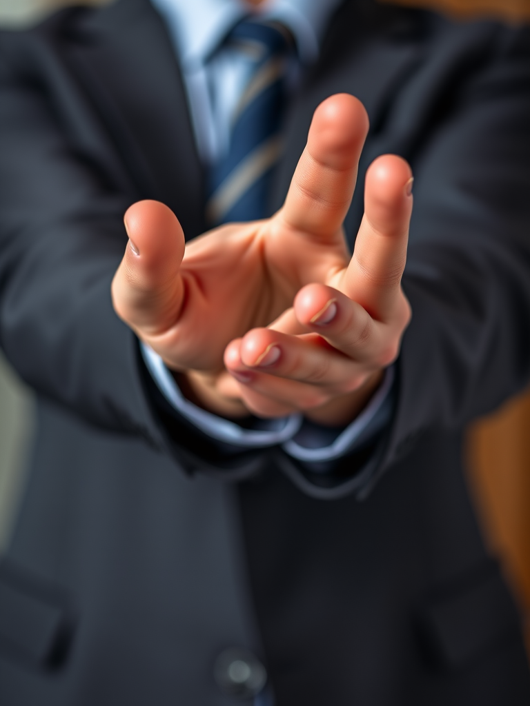 Create an image of a human hand in a business suit extended forward as if offering something, shot with a Canon EOS R5 at 50mm f/1.8, aperture set to f/2.8, ISO 100, with natural lighting and a soft-focus background for depth.