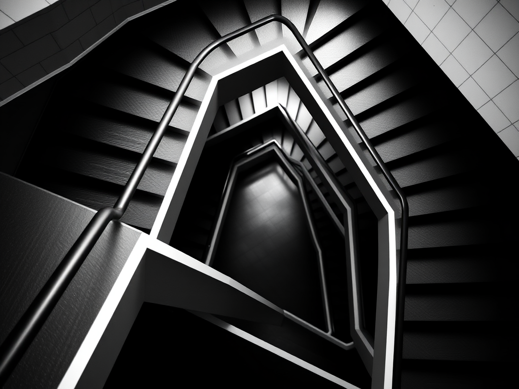 Create an abstract monochrome staircase design with sharp geometric shapes, high contrast, and dynamic movement, captured using a DSLR camera at f/8 aperture, 1/125 sec shutter speed, ISO 200, 50mm lens, top-down view, and minimalistic style.