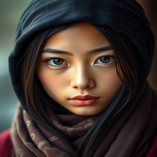 Create a portrait of a young japanese woman with long, dark hair and captivating hazel eyes. She is wearing a dark headscarf and a matching scarf draped gracefully around her neck. The background is softly blurred, focusing attention on her serene and natural expression. The overall color palette is muted and warm, enhancing the intimate and authentic feel of the portrait.