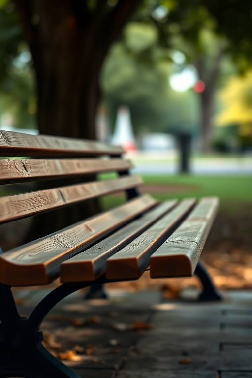 Create a high-resolution image of a wooden park bench with slatted seating, using a DSLR camera set to f/2.8, ISO 100, and a 50mm lens, shot from a slightly elevated angle in soft natural lighting, with a shallow depth of field to focus on the bench while softly blurring the background.