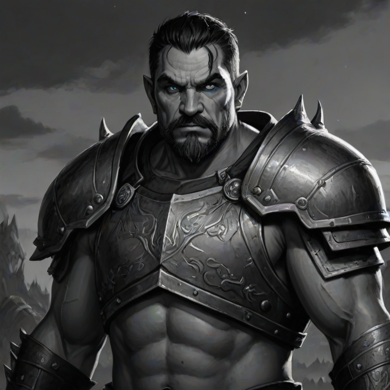 safe, sketch, monochrome, greyscale, 1boy, solo, male focus, mature male, orc, green skin, tusks, blue eyes, short hair, black hair, facial hair, beard, mustache, looking at viewer, armor, shoulder armor, breastplate, pauldrons, upper body, closed mouth, standing, outdoors, night, night sky, dark background
