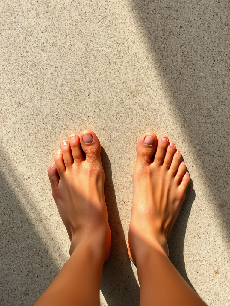 Create an image of bare feet standing on a surface, shot with a 50mm lens at f/1.8, ISO 100, shutter speed 1/200s, top-down perspective, in natural light, using a DSLR camera.