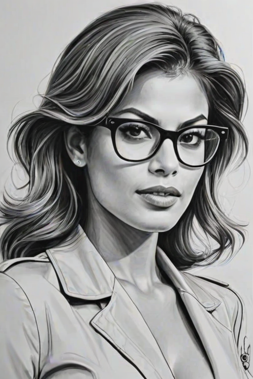Bewitching Eva Mendes, pencil sketch, portrait of Gorgeous woman 1944s in glasses, hair style beatnik, outline, clear lines, fine lines, 8k