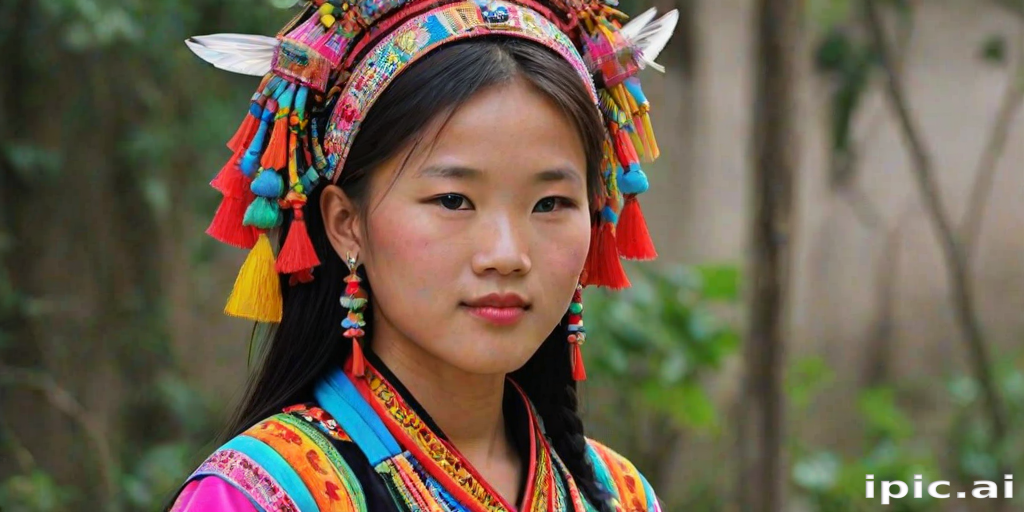A beautiful Miao girl, wearing colorful bird clothing with vibrant colors