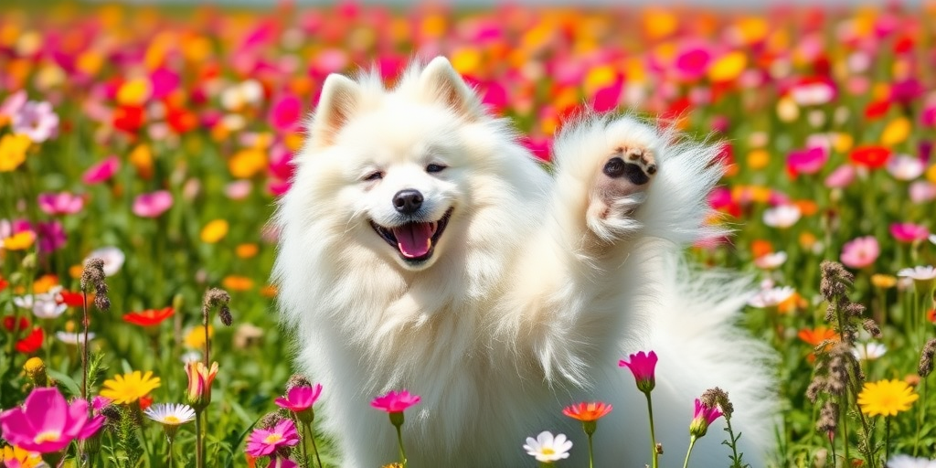 A fluffy white Samoyed dog playfully posing in a field of colorful blooming flowers with a bright sky in the background. The dog is smiling and raising its paw, showcasing its friendly demeanor.