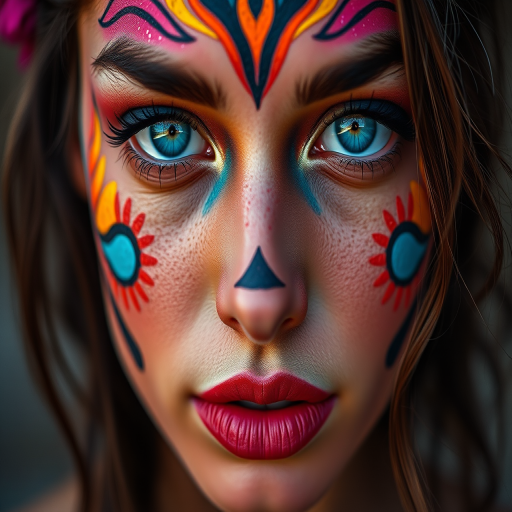portrait of a woman with vibrant face paint and striking blue eyes, shot with a Canon EOS R5 at ISO 100, f/1.8, 50mm lens, natural soft lighting, close-up view, high-resolution detail, rich color contrast, artistic style