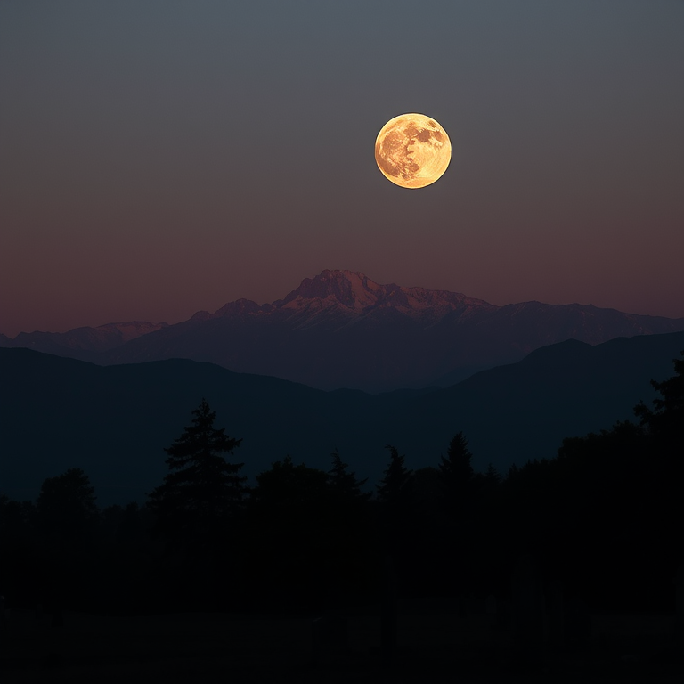 Capture a high-resolution landscape image of a full moon over a mountain range, silhouetted trees and a graveyard, using a Canon EOS R5 with a 50mm f/1.8 lens, ISO 100, aperture f/8, shutter speed 1/60 sec, shot during twilight for enhanced contrast and detail.