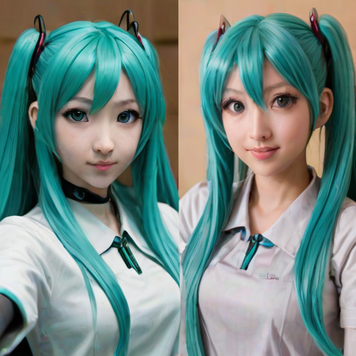 SuchFailSelfie, a portrait comparison of Realistic photo portrait Hatsune Miku wearing the same cloth, Top is she good looking portrait.