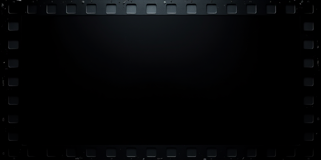 Create a high-resolution image of a classic film frame on a black background with a 50mm lens, f/2.8 aperture, ISO 100, and a slight vignette effect, captured in a DSLR camera with a top-down view for dramatic emphasis.