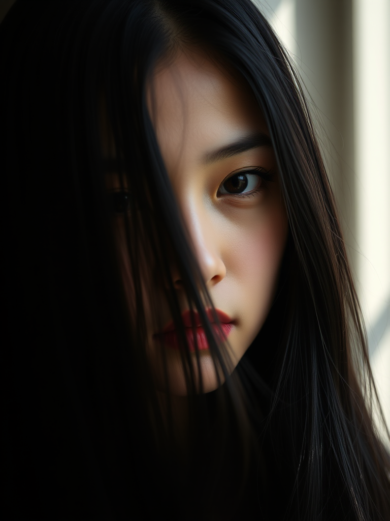 portrait of a young woman with long black hair partially obscured by soft light, focusing on her thoughtful expression, captured with a 50mm lens at f/1.8, ISO 100, in natural light with soft shadows, using a full-frame DSLR camera for enhanced image quality