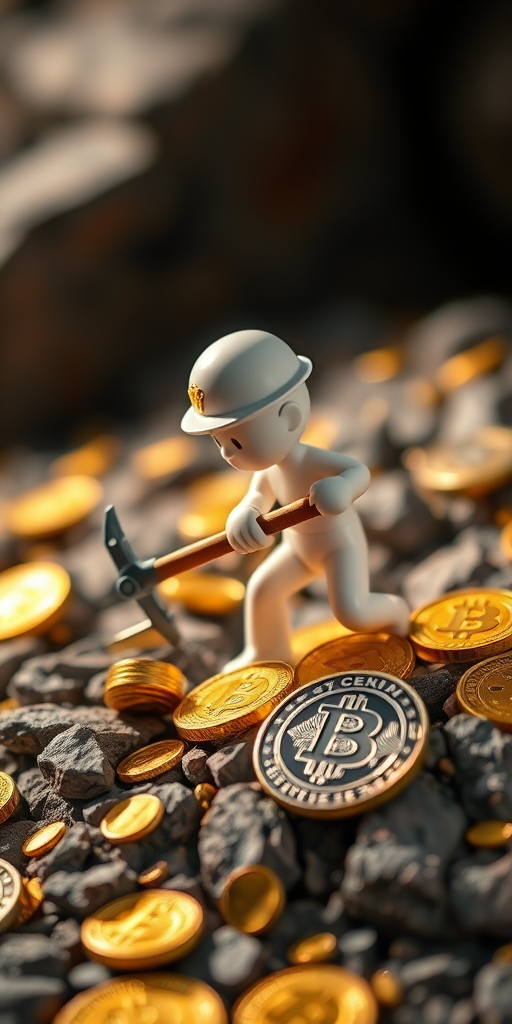 a stylized 3D figure mining for bitcoins with a pickaxe, surrounded by shiny gold and silver coins on a rocky surface, soft focus background, dramatic lighting, DSLR camera, focal length 50mm, aperture f/1.8, ISO 100, high dynamic range, vibrant colors