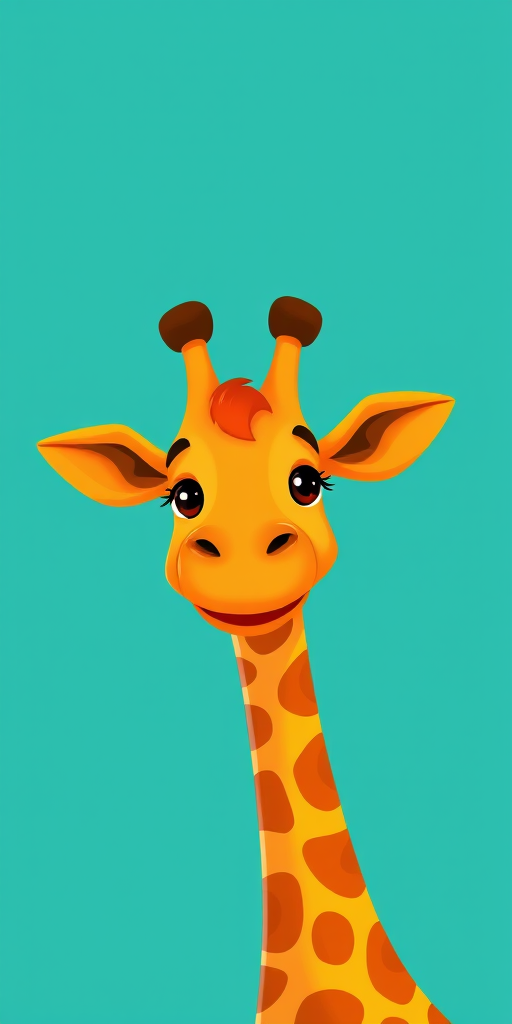 Create a cartoon-style image of a giraffe with a friendly expression, bright orange body and brown spots, set against a solid teal background, captured using a DSLR camera with a 50mm lens at f/2.8, ISO 100, shot from a slightly low angle to create a whimsical perspective, using vibrant color settings for enhanced contrast and clarity.