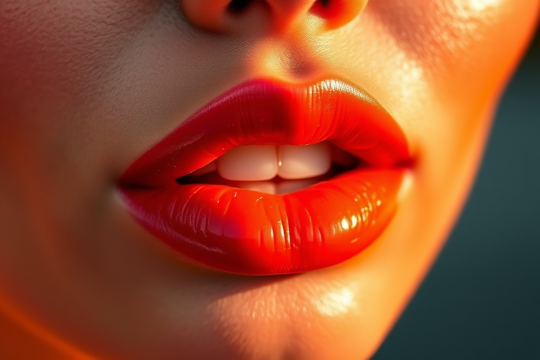 Vibrant coral sunset lips shine with glossy brilliance, accentuating plump contours and subtle ombre effect, exuding warmth and allure in high-resolution detail