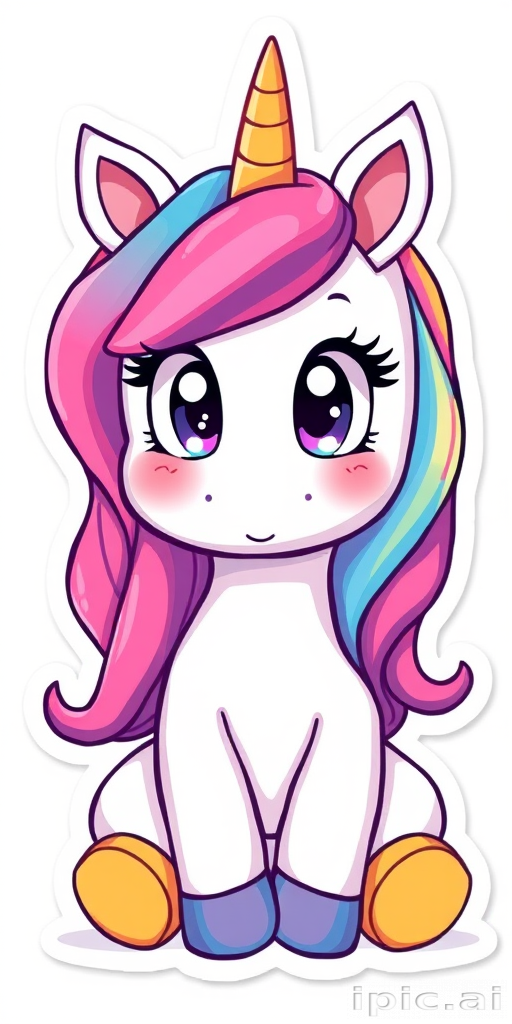 sticker design, white background, rainbow baby unicorn, cartoon figure, expressive big pupils, innocent expression, vibrant colors, very cute, long eyelashes, sitting on the ground, baby small body, baby head