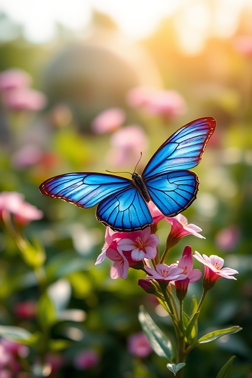 Create an image of a vibrant blue butterfly perched on delicate pink flowers in a lush garden setting, with soft sunlight illuminating the scene and a blurred background to enhance the focus on the butterfly and flowers.