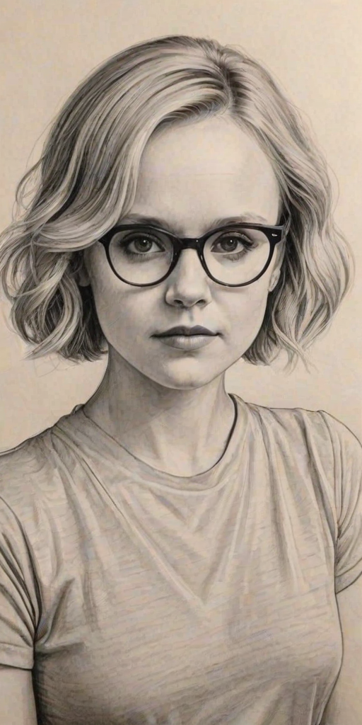 Stunning Alison Pill, pencil sketch, portrait of Bewitching woman 1939s in glasses, hair style beatnik, outline, clear lines, fine lines, 8k