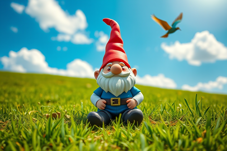 Create a whimsical landscape featuring a cartoonish gnome made of clay, sitting on vibrant green grass under a bright blue sky with fluffy white clouds and a colorful bird flying in the background, captured with a DSLR camera at f/2.8, ISO 100, 24mm focal length, in vivid colors and high resolution, using a wide-angle lens for a playful perspective.