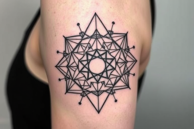 Minimalist black and white linework tattoo called "Geometric Harmony" showcasing intricate patterns of triangles, circles, and hexagons intertwining to form a mesmerizing abstract design with clean crisp edges