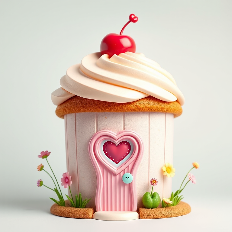 Create an illustration of a whimsical cupcake house with a cherry on top, featuring pastel colors and a heart-shaped window, vibrant and detailed, shot with a DSLR camera at f/2.8, ISO 100, 50mm lens, high dynamic range, eye-level perspective, and bright studio lighting.