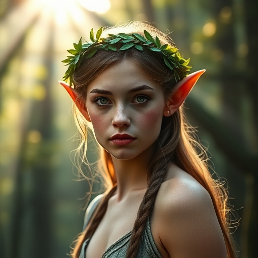 High quality portrait photo of an elven queen with pointy ears in the forrest wearing a laurel wreath. She is gazing at the viewer in an aloof and neutral manner. Voluminous rays of sunlight illuminating the forrest patch behind her