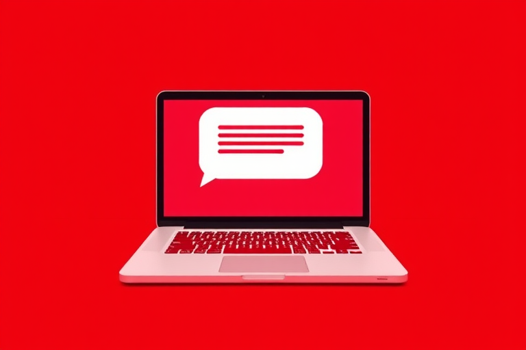 create a minimalist vector graphic of a laptop with a chat bubble on a vibrant red background, using a 50mm lens with f/1.8 aperture, ISO 100, shot from a front view using a digital single-lens reflex camera