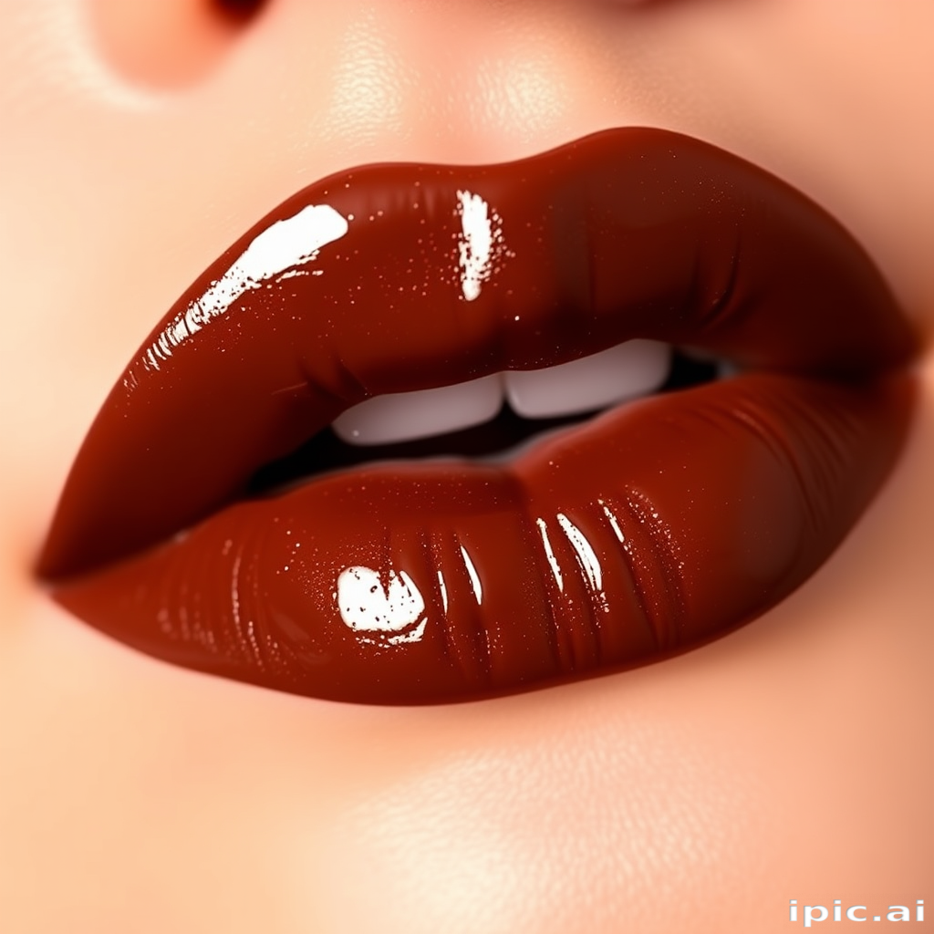 Rich chocolate brown lips with a glossy finish, "Mocha Decadence" showcases a deep, warm tone with a hint of golden shimmer for a luxurious look