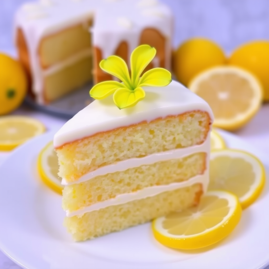 A slice of lemon cake with three layers frosted with white icing garnished with a small yellow flower on top placed on a white plate with a blurred background of the whole cake and lemon slices around it