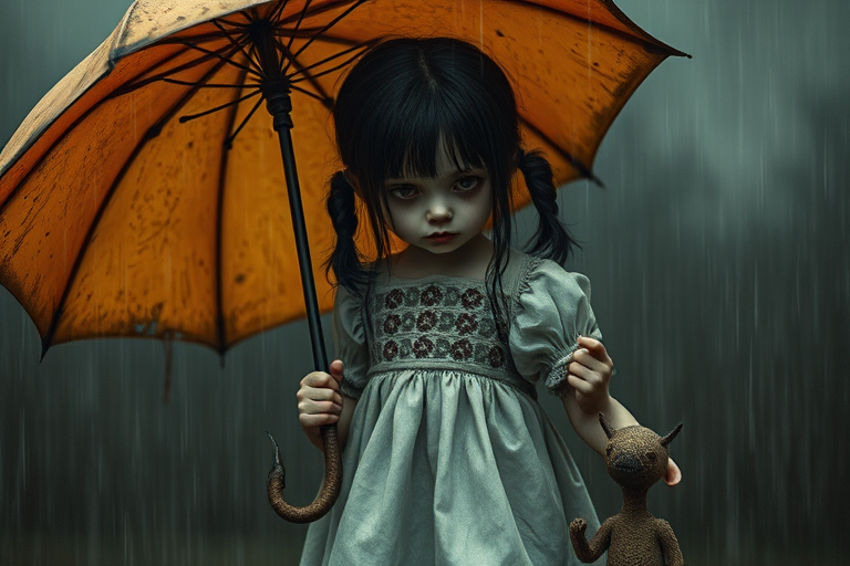 An eerie, weird little girl with dark hair in thin pigtails, wearing a smock dress, standing in the rain, holding a dirty orange umbrella, a small, odd creature beside her. In a surreal style inspired by Nicoletta Ceccoli and Brian Froud. Dark fantasy themes