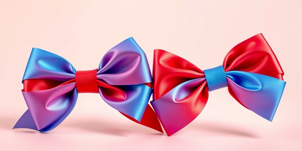 Create a high-resolution image of two vibrant bows, one red and one blue, placed side by side against a soft pastel background, using a DSLR camera with a 50mm lens, aperture f/2.8, ISO 100, natural lighting, and a shallow depth of field for enhanced clarity and detail.