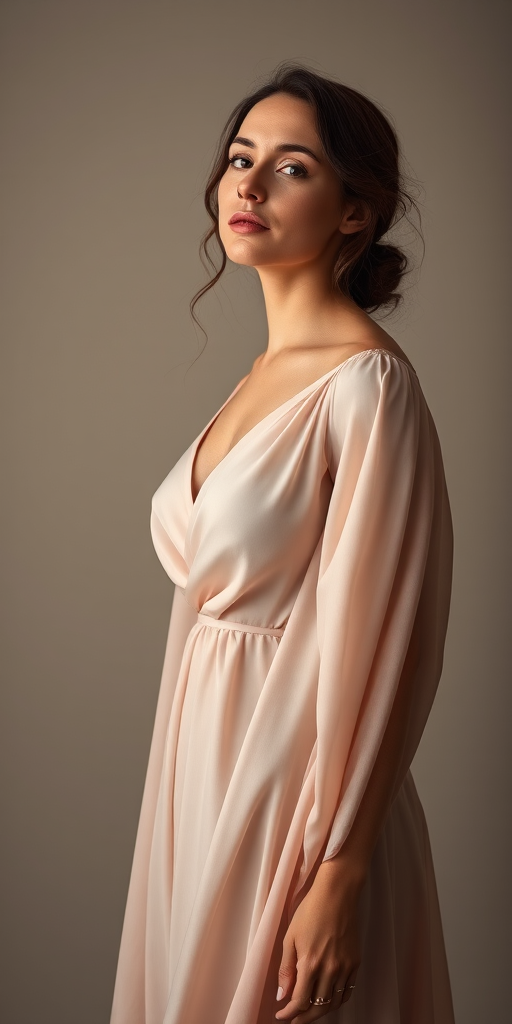 portrait of a woman in a flowing gown with soft lighting and a neutral background, shot with a Canon EOS R5, 50mm lens, aperture f/1.8, ISO 100, soft focus, studio lighting for enhanced texture and color depth
