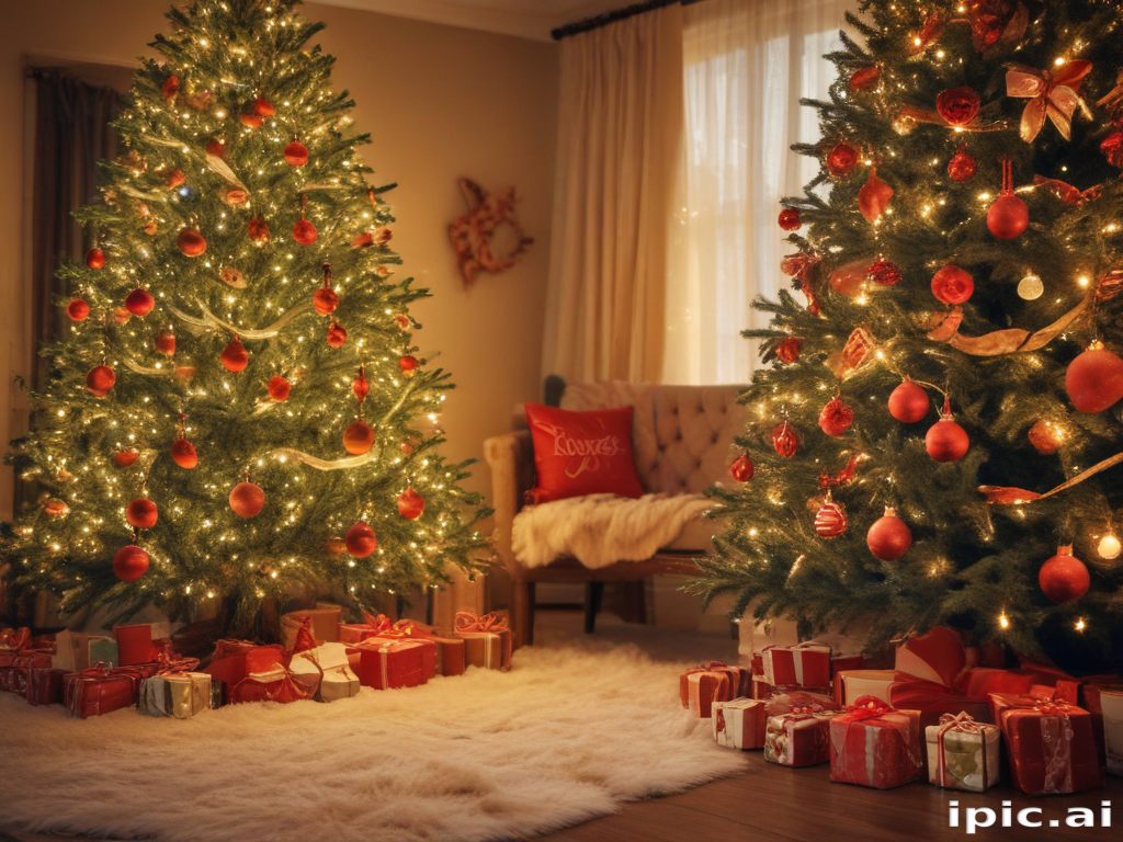 Cozy Living Room Decorated for Christmas with Two Beautiful Trees and Gifts